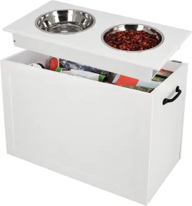 MiMu Elevated Dog Bowl with Storage, White Tall Feeder - Raised Dog Bowl Stand Large Feeding Station with 2 Pet Bowls