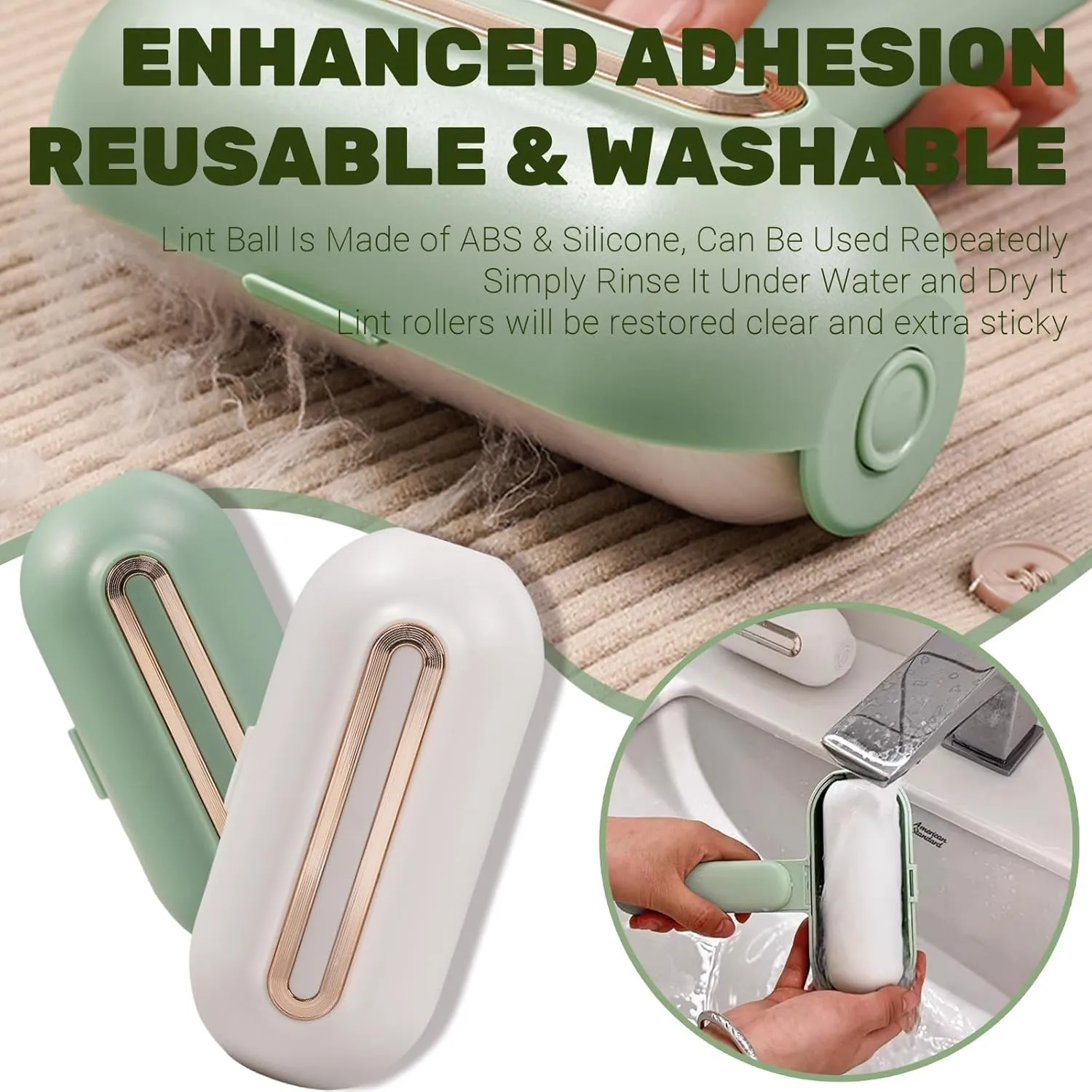 Mini Washable Lint Roller, ZenQeek 5.5In Portable Lint Ball with Cover, Travel Lint Roller for Clothes & Pet HairExtendedExtra StickyWashable Gel (Green, Grip Version)