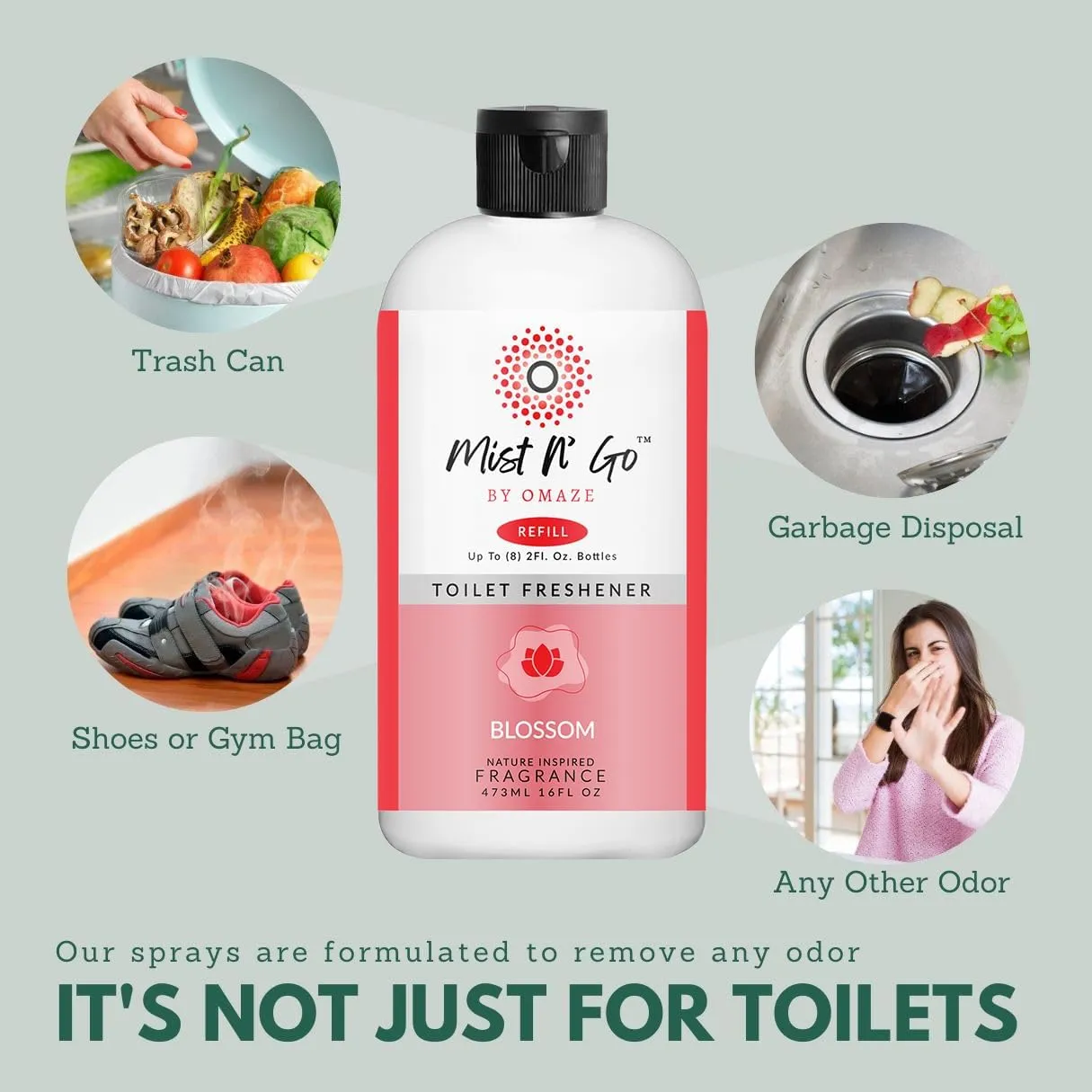 Mist N' Go by OMAZE Bathroom Odor Spray for Toilet Spray Refill Bottle - Multitasking Toilet Spray - Bathroom Spray Odor Eliminator for Strong Odors | Blossom, 16oz (2 Pack)