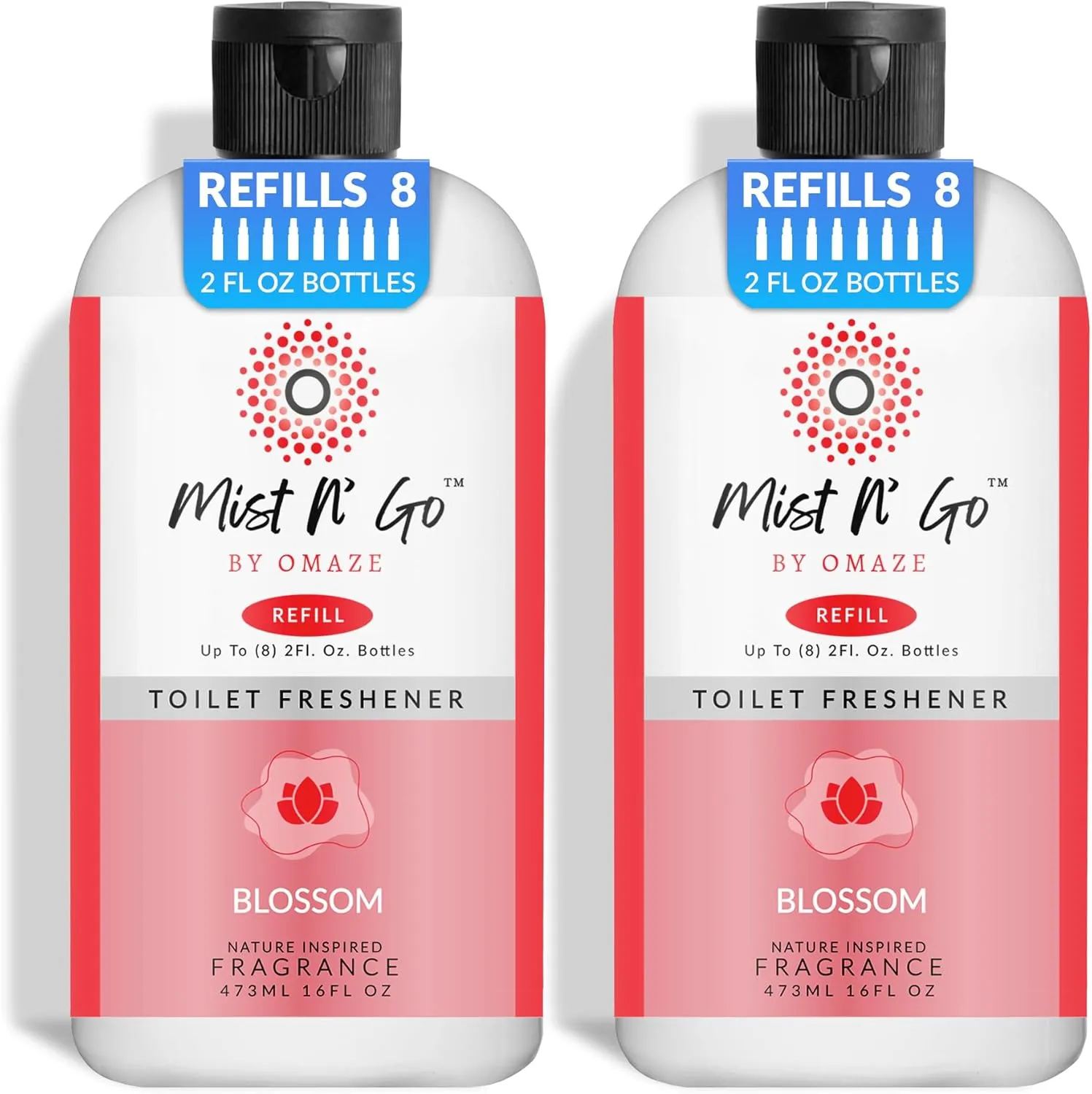 Mist N' Go by OMAZE Bathroom Odor Spray for Toilet Spray Refill Bottle - Multitasking Toilet Spray - Bathroom Spray Odor Eliminator for Strong Odors | Blossom, 16oz (2 Pack)