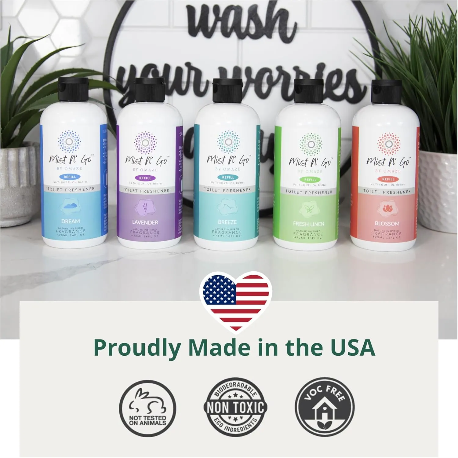 Mist N' Go by OMAZE Bathroom Odor Spray for Toilet Spray Refill Bottle - Multitasking Toilet Spray - Bathroom Spray Odor Eliminator for Strong Odors | Blossom, 16oz (2 Pack)