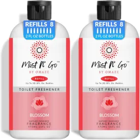 Mist N' Go by OMAZE Bathroom Odor Spray for Toilet Spray Refill Bottle - Multitasking Toilet Spray - Bathroom Spray Odor Eliminator for Strong Odors | Blossom, 16oz (2 Pack)
