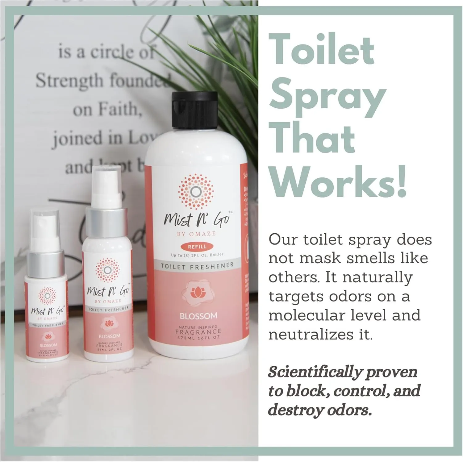 Mist N' Go by OMAZE Bathroom Odor Spray for Toilet Spray Refill Bottle - Multitasking Toilet Spray - Bathroom Spray Odor Eliminator for Strong Odors | Blossom, 16oz (2 Pack)