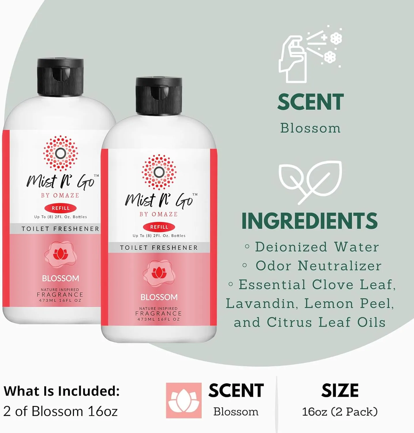 Mist N' Go by OMAZE Bathroom Odor Spray for Toilet Spray Refill Bottle - Multitasking Toilet Spray - Bathroom Spray Odor Eliminator for Strong Odors | Blossom, 16oz (2 Pack)