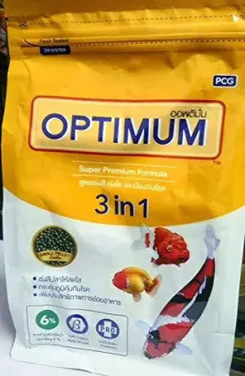 Optimum 3 in 1 Super Premium Formula Fish Food for Carp, Goldfish and Cichlid Spirulina 6% Floating Type Small Pellet (400g) with Free Pop - Up