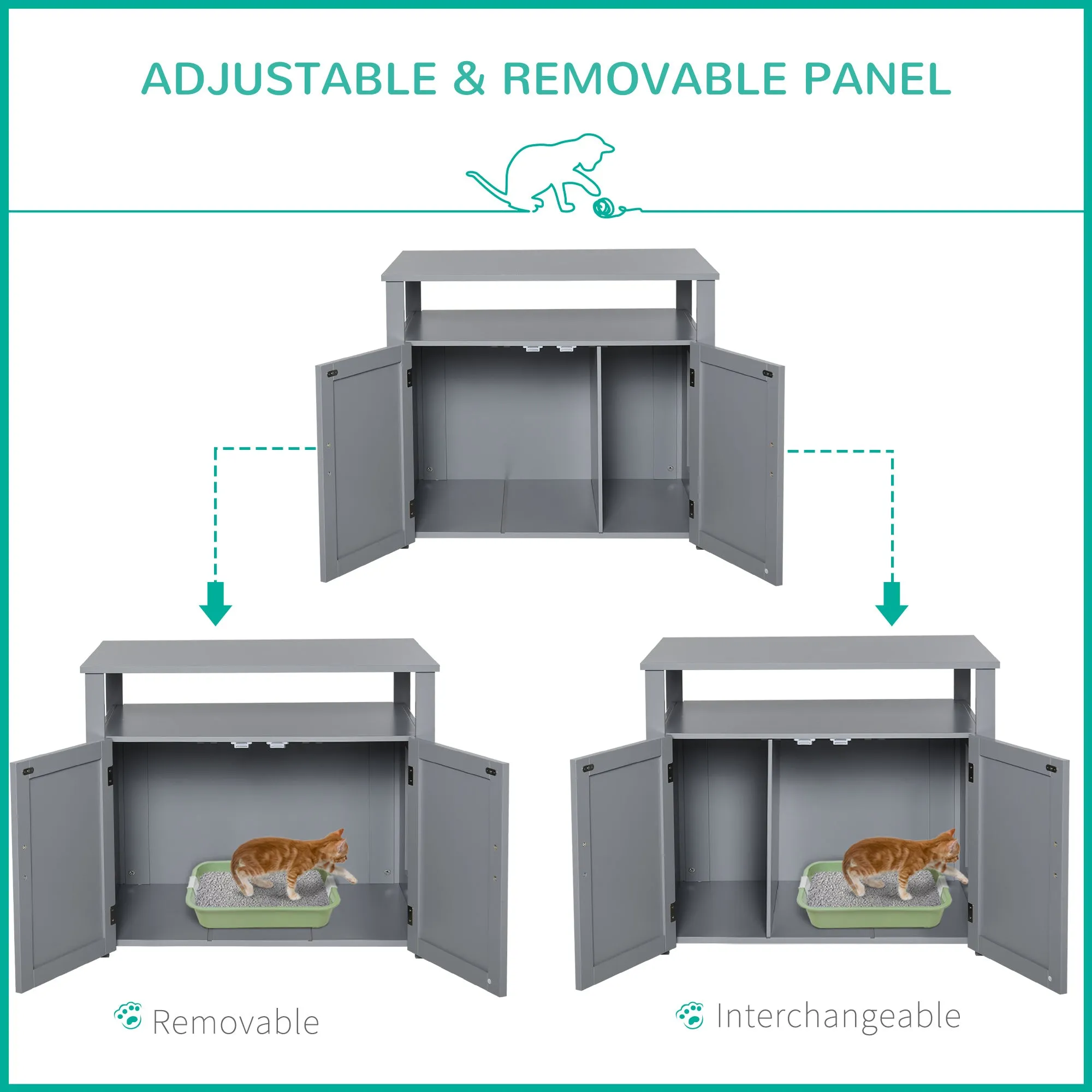 PawHut Wood Cat Litter Box Enclosure Furniture w/ Adjustable Interior Wall Grey