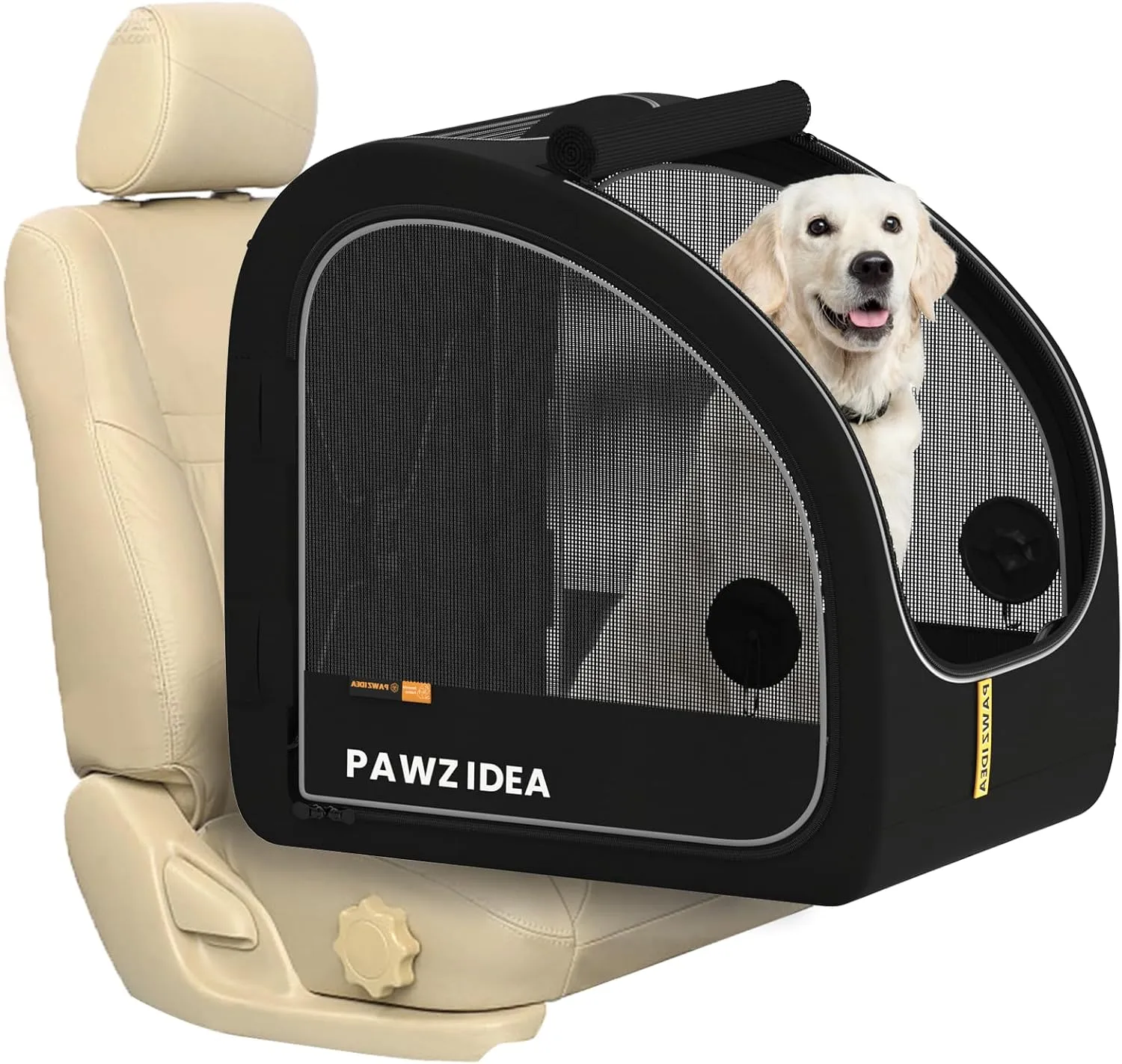 PAWZIDEA Portable Dog Crate for Car Travel, Collapsible Pet Travel Crates for Medium & Large Dogs, Soft-Sided Car Kennel Carrier for Backseat, Secures Seatbelt &Headrest Strap, Chew-proof, Metal Frame