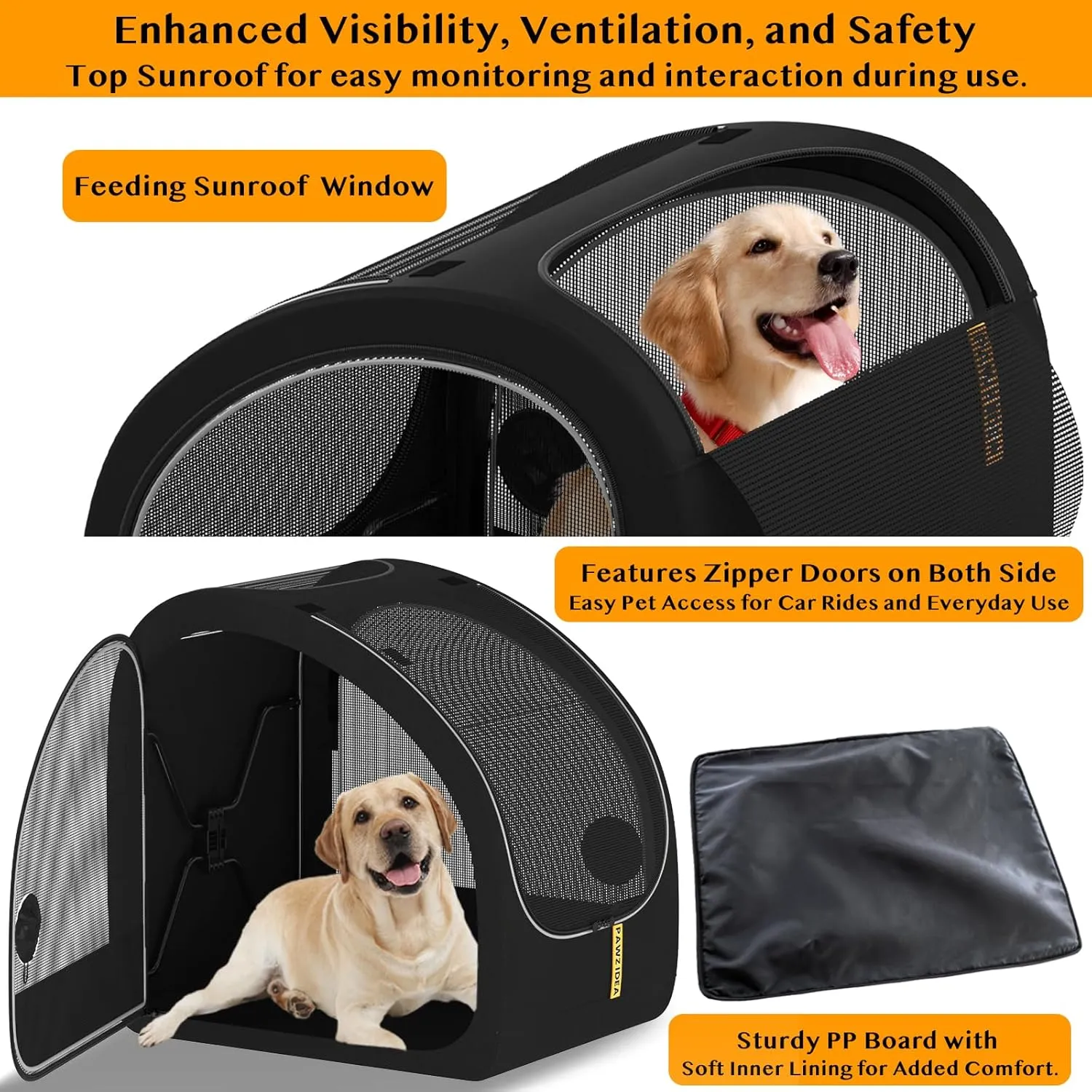 PAWZIDEA Portable Dog Crate for Car Travel, Collapsible Pet Travel Crates for Medium & Large Dogs, Soft-Sided Car Kennel Carrier for Backseat, Secures Seatbelt &Headrest Strap, Chew-proof, Metal Frame