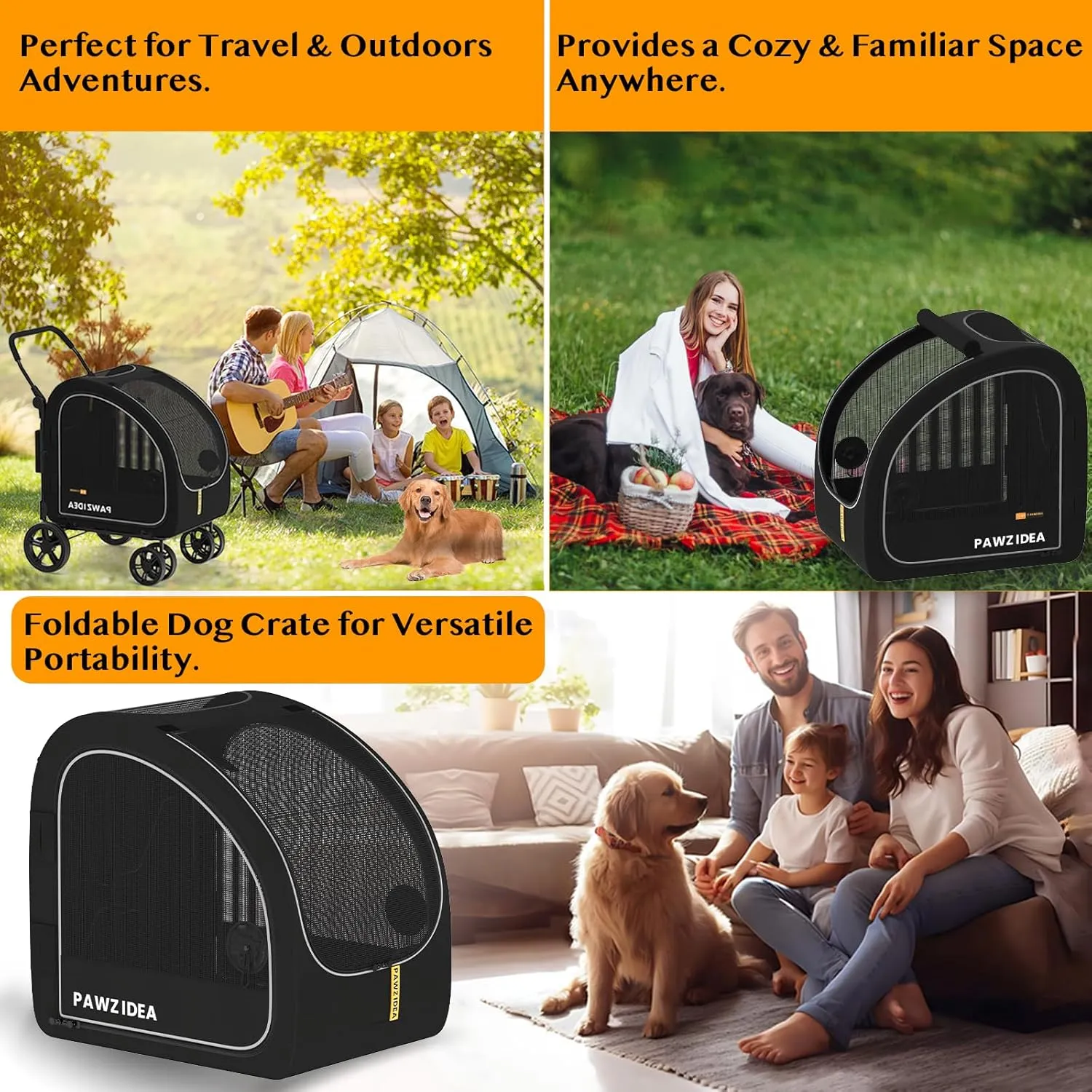 PAWZIDEA Portable Dog Crate for Car Travel, Collapsible Pet Travel Crates for Medium & Large Dogs, Soft-Sided Car Kennel Carrier for Backseat, Secures Seatbelt &Headrest Strap, Chew-proof, Metal Frame