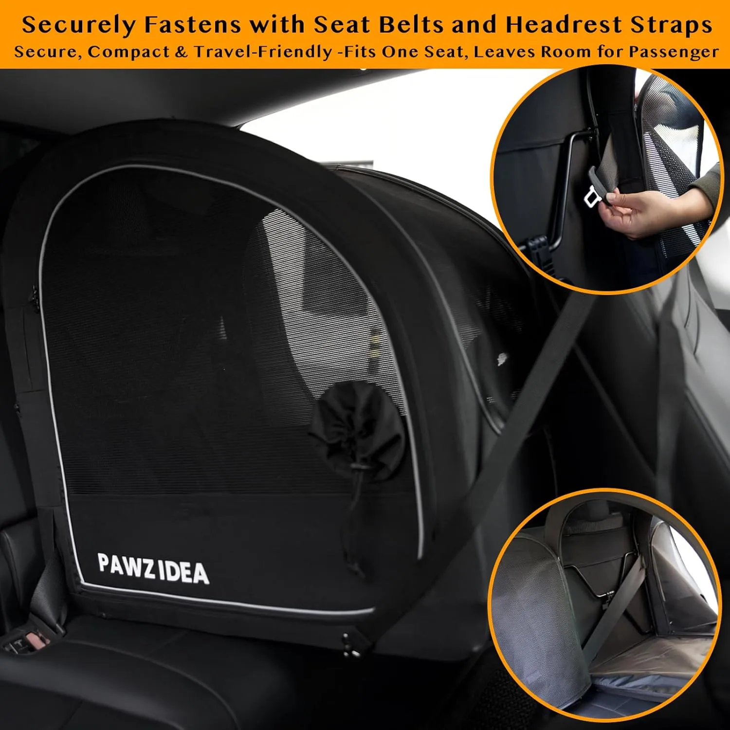 PAWZIDEA Portable Dog Crate for Car Travel, Collapsible Pet Travel Crates for Medium & Large Dogs, Soft-Sided Car Kennel Carrier for Backseat, Secures Seatbelt &Headrest Strap, Chew-proof, Metal Frame