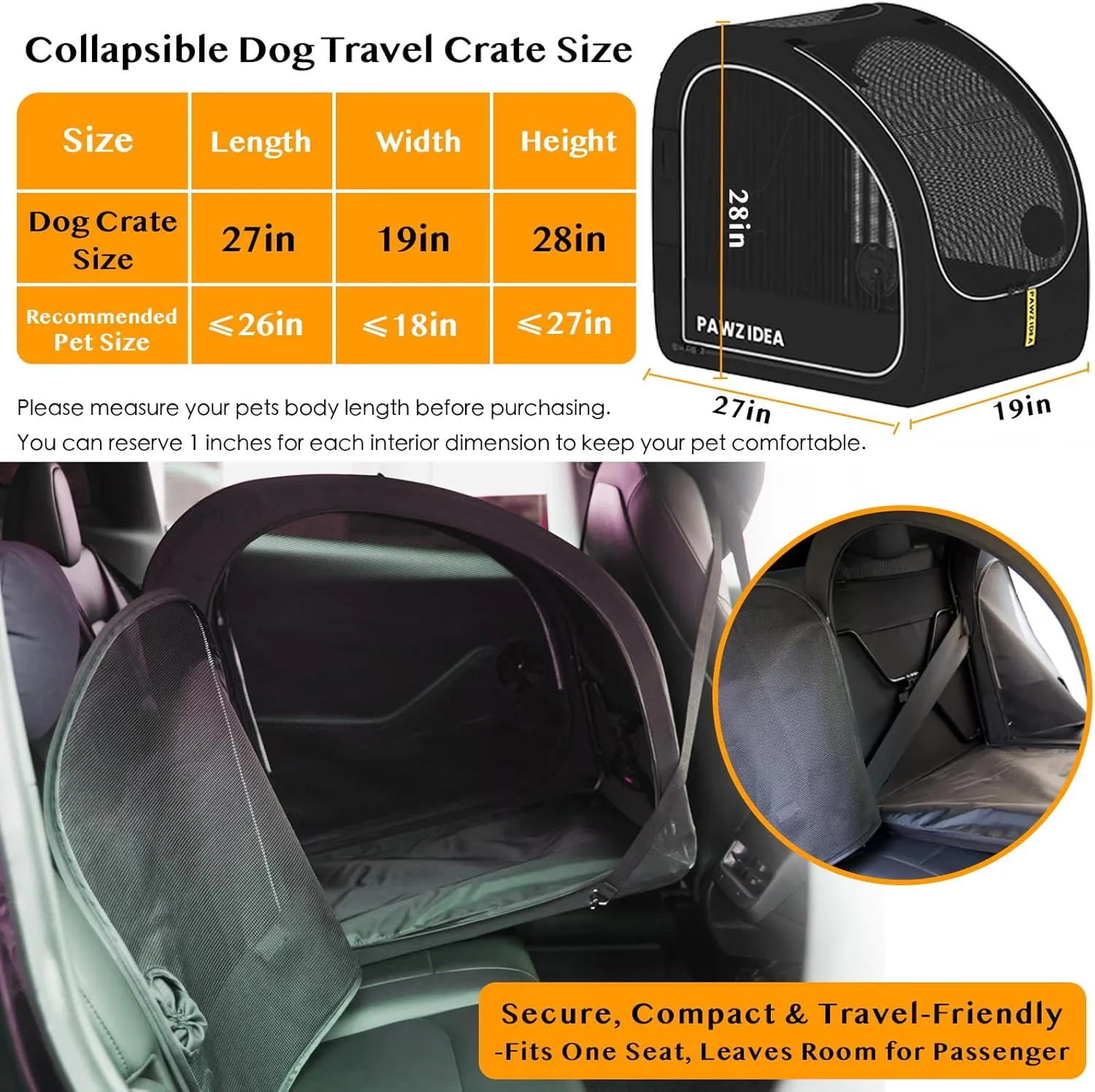 PAWZIDEA Portable Dog Crate for Car Travel, Collapsible Pet Travel Crates for Medium & Large Dogs, Soft-Sided Car Kennel Carrier for Backseat, Secures Seatbelt &Headrest Strap, Chew-proof, Metal Frame