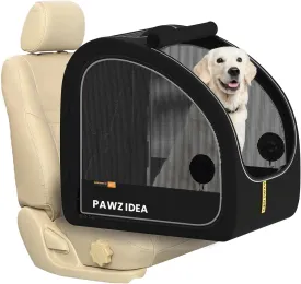 PAWZIDEA Portable Dog Crate for Car Travel, Collapsible Pet Travel Crates for Medium & Large Dogs, Soft-Sided Car Kennel Carrier for Backseat, Secures Seatbelt &Headrest Strap, Chew-proof, Metal Frame