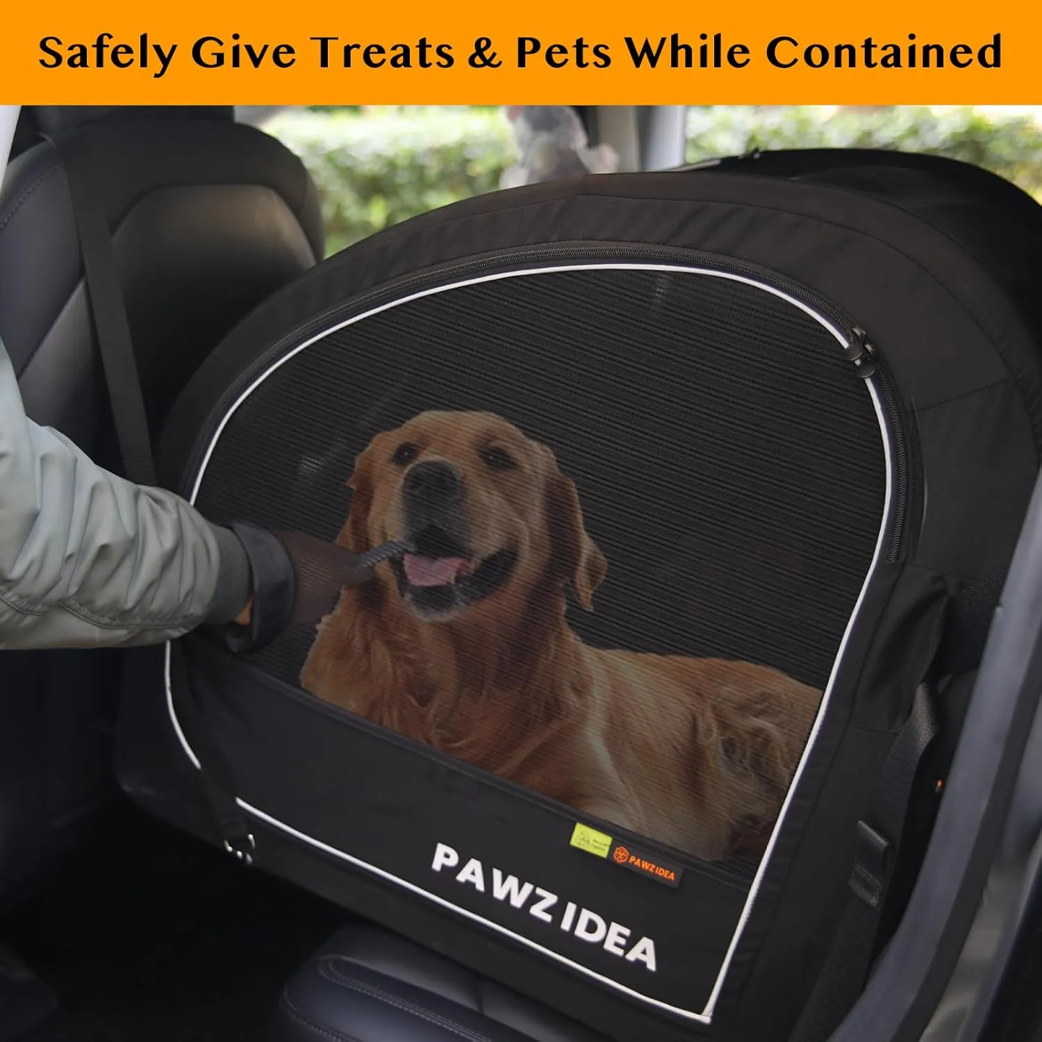 PAWZIDEA Portable Dog Crate for Car Travel, Collapsible Pet Travel Crates for Medium & Large Dogs, Soft-Sided Car Kennel Carrier for Backseat, Secures Seatbelt &Headrest Strap, Chew-proof, Metal Frame