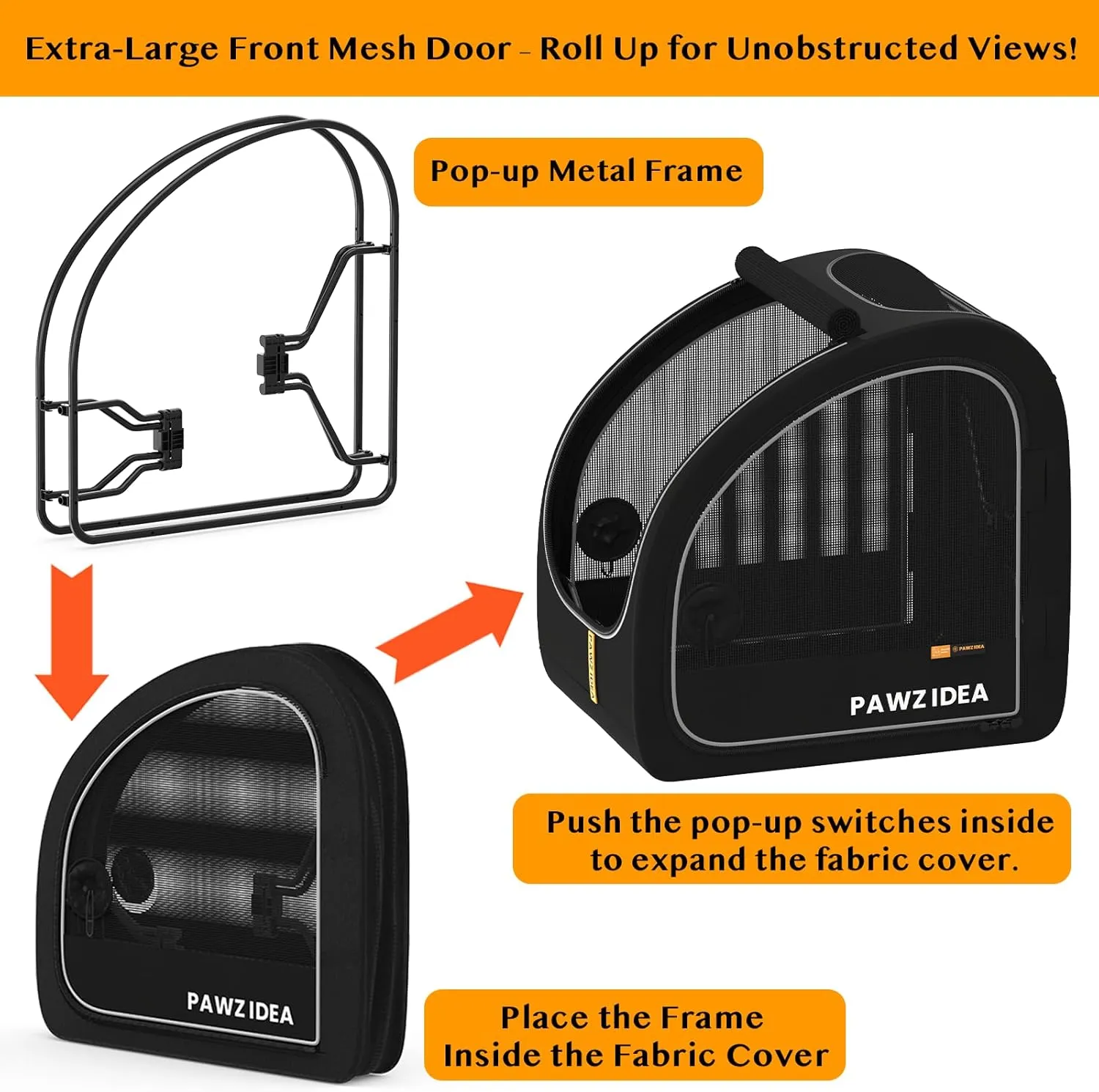 PAWZIDEA Portable Dog Crate for Car Travel, Collapsible Pet Travel Crates for Medium & Large Dogs, Soft-Sided Car Kennel Carrier for Backseat, Secures Seatbelt &Headrest Strap, Chew-proof, Metal Frame