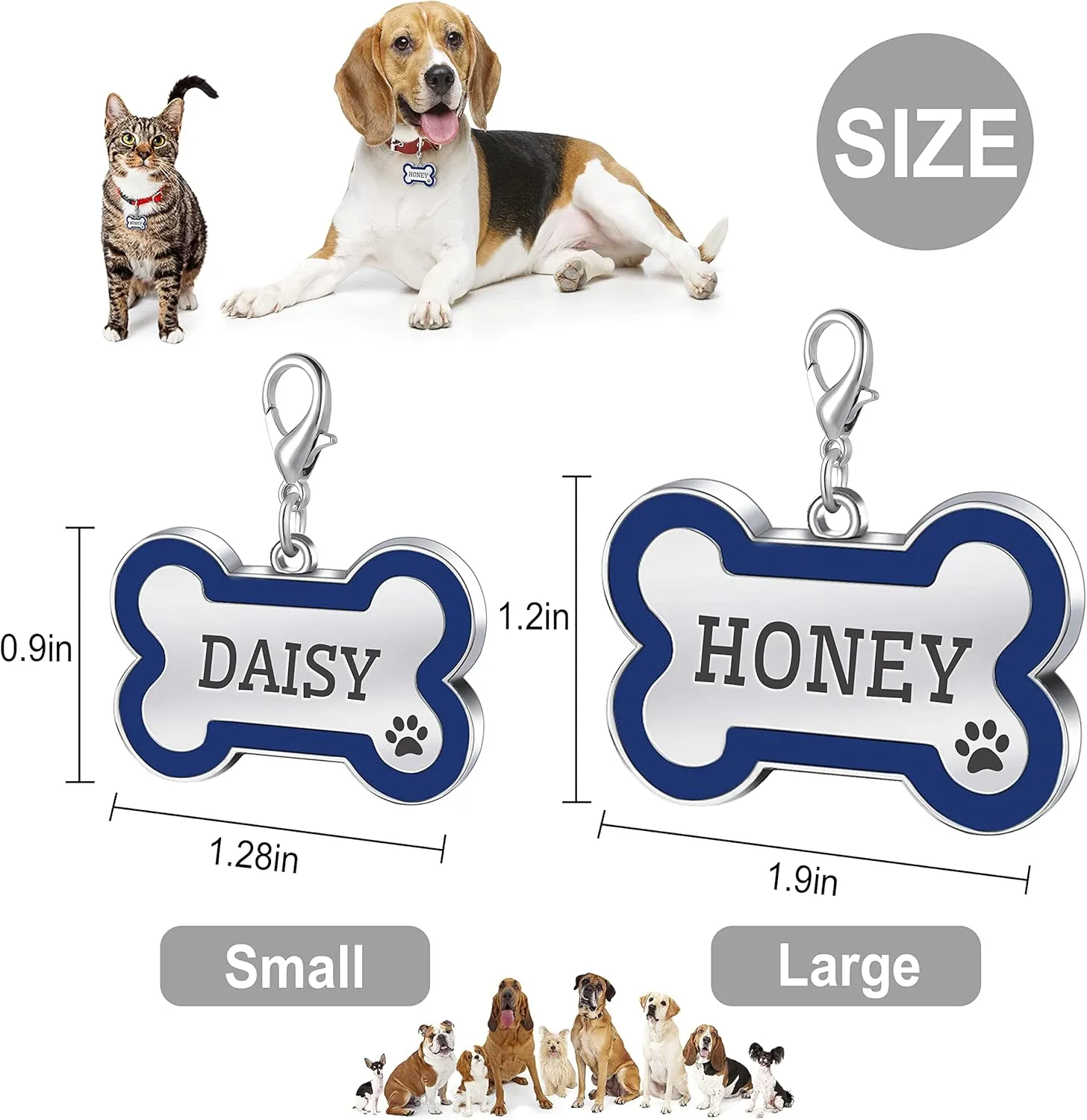 Personalized Dog and Cat Tags - Engraved Bone Shape Collar Pendants Custom Pet Supplies - Engrave Name, Number - Royal Blue