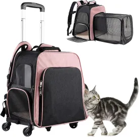 Pet Travel Carrier with Wheels,Puppy & Kitty Expandable Backpack Carrier for Dogs and Cats, Rolling Pet Carrier with Adjustable Handle, Mesh Windows, Storage Pockets