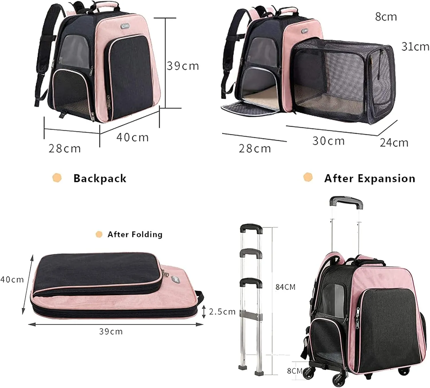 Pet Travel Carrier with Wheels,Puppy & Kitty Expandable Backpack Carrier for Dogs and Cats, Rolling Pet Carrier with Adjustable Handle, Mesh Windows, Storage Pockets