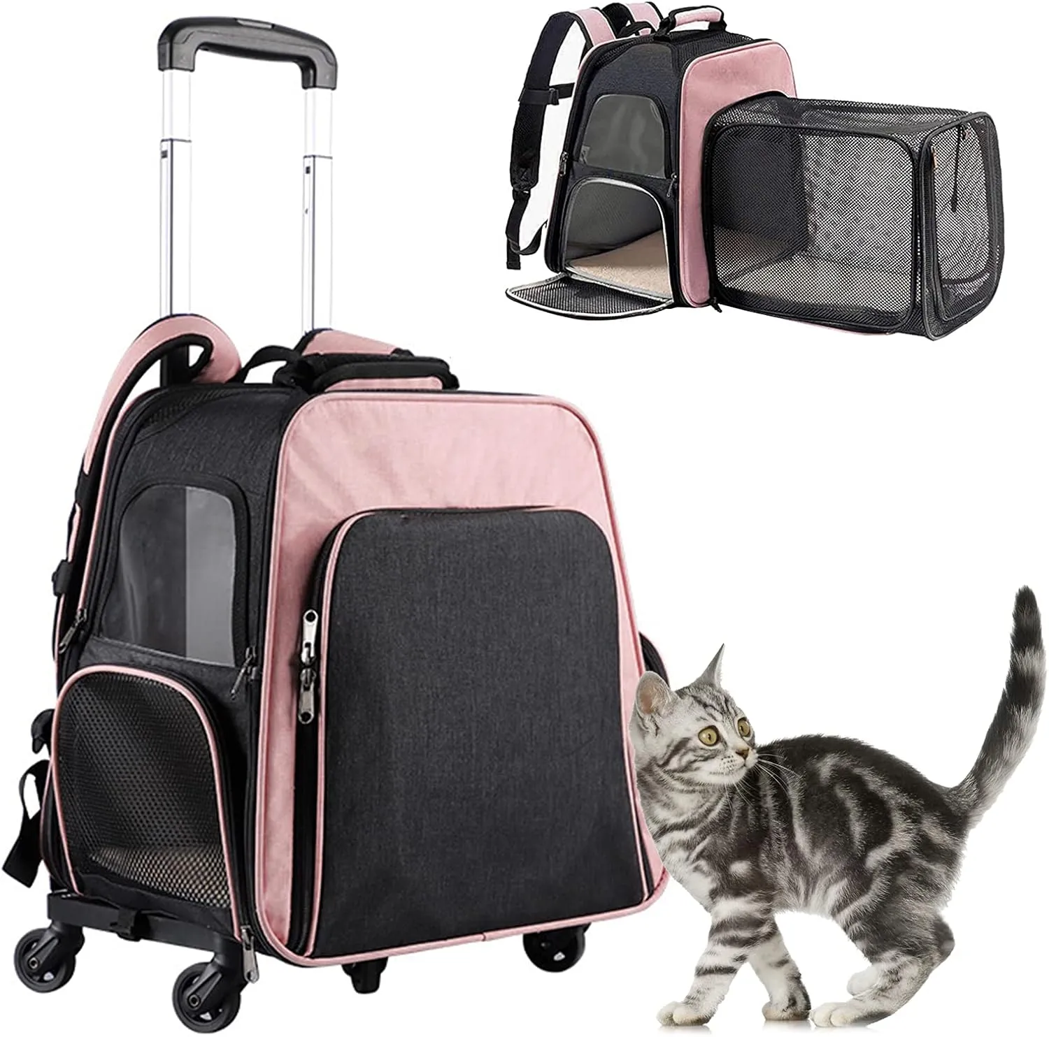 Pet Travel Carrier with Wheels,Puppy & Kitty Expandable Backpack Carrier for Dogs and Cats, Rolling Pet Carrier with Adjustable Handle, Mesh Windows, Storage Pockets