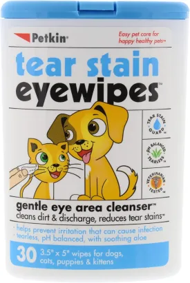 Petkin Pet Eye Wipes, 30 Moist Wipes - Gentle Eye Cleaning Wipes Remove Dirt, Discharge, & Tear Stains - Super Convenient Pet Wipes for Dogs, Cats, Puppies & Kittens - Ideal for Home or Travel