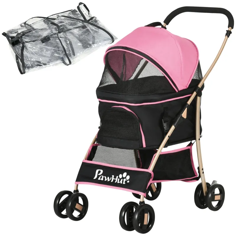 Pink Pet Stroller with Rain Cover - 3-in-1 Cat Dog Pushchair