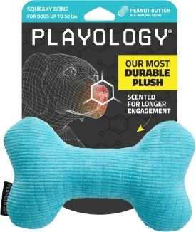 Playology Plush Squeaky Bone | Engaging All Natural Peanut Butter Scented Plush Dog Toy with Interactive Squeaker for Medium Dogs up to 50lbs | Easy to Clean | Squeak, Chew, Fetch, and Play