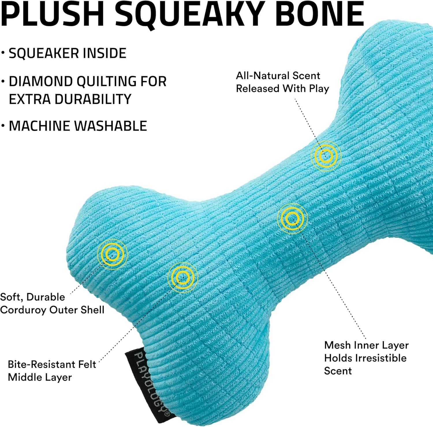 Playology Plush Squeaky Bone | Engaging All Natural Peanut Butter Scented Plush Dog Toy with Interactive Squeaker for Medium Dogs up to 50lbs | Easy to Clean | Squeak, Chew, Fetch, and Play