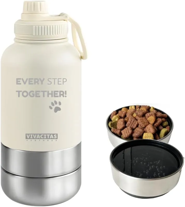 Portable Dog Water Bottle with Bowl Dispenser & Food Dispenser - Stainless Steel, Detachable Bowls for Pets, Travel & On-The-Go