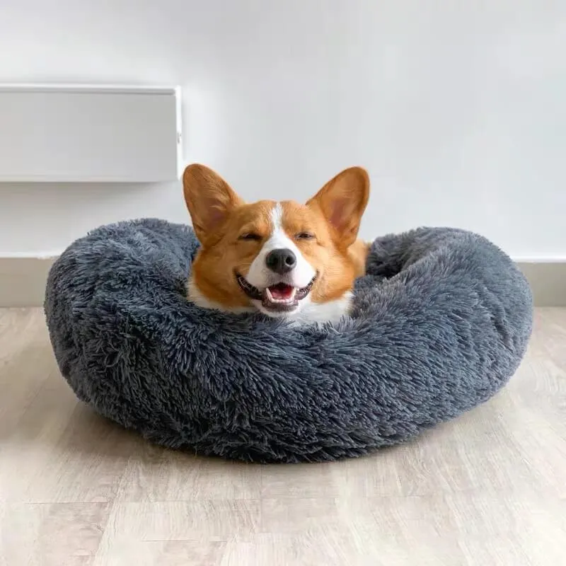 Round Plush Calming Donut Dog Bed for Small to Large Dogs