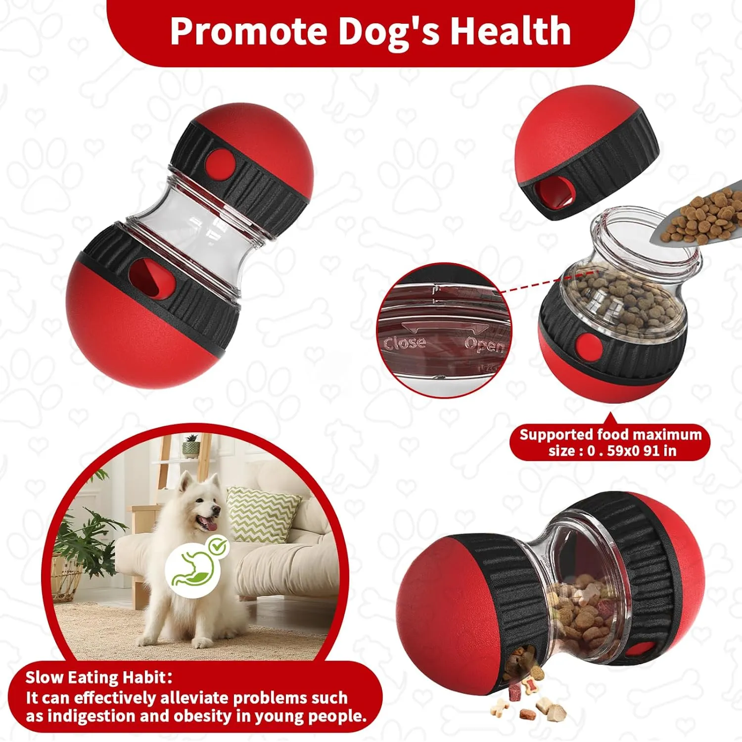 Slow Feeder Dog Toy, Interactive Treat Dispenser & Puzzle Ball for Fast Eaters, Mental Stimulation, Boredom Relief, Food-Grade ABS, Adjustable Difficulty for Small & Large Dogs, Red