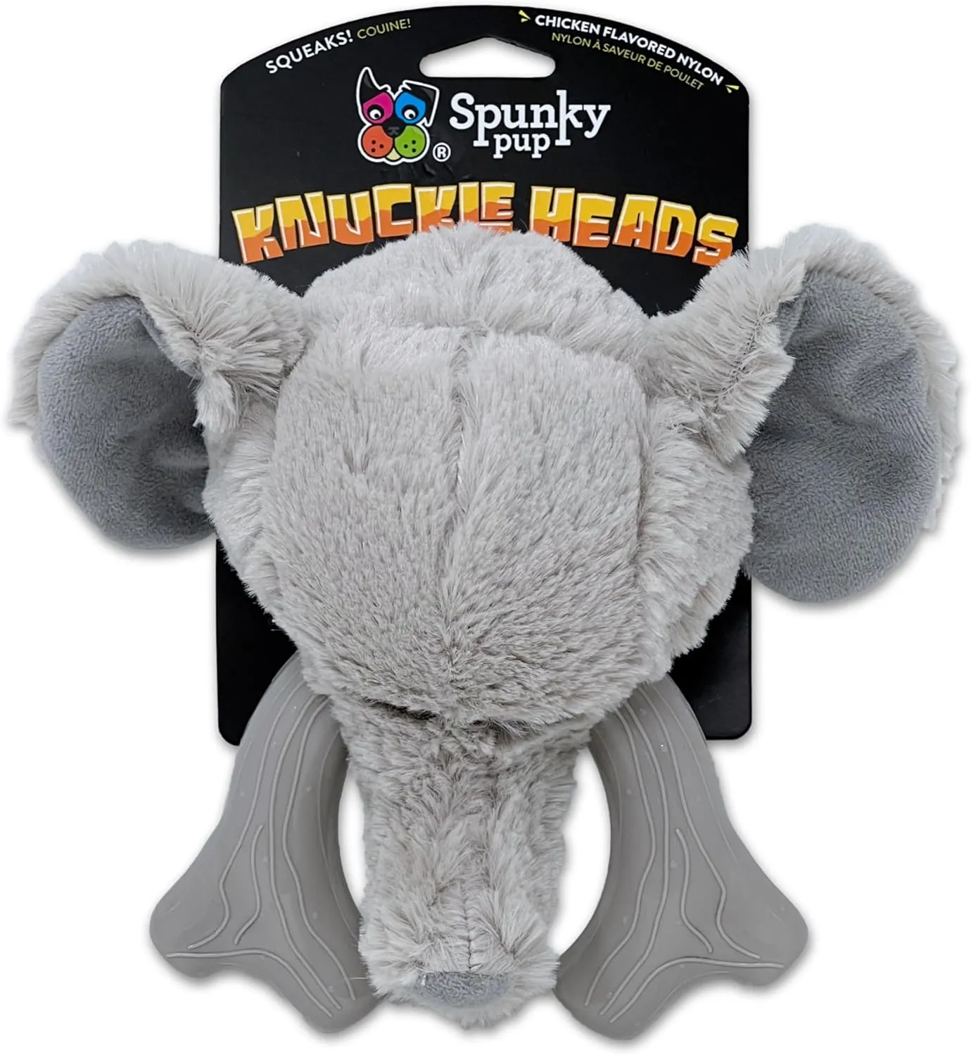 Spunky pup Knucklehead Durable Dog Toy - 2-in-1 Plush & Chew Toy for Aggressive Chewers, Chicken-Flavored Dental Chew, Durable Double-Stitched Squeaker- Elephant