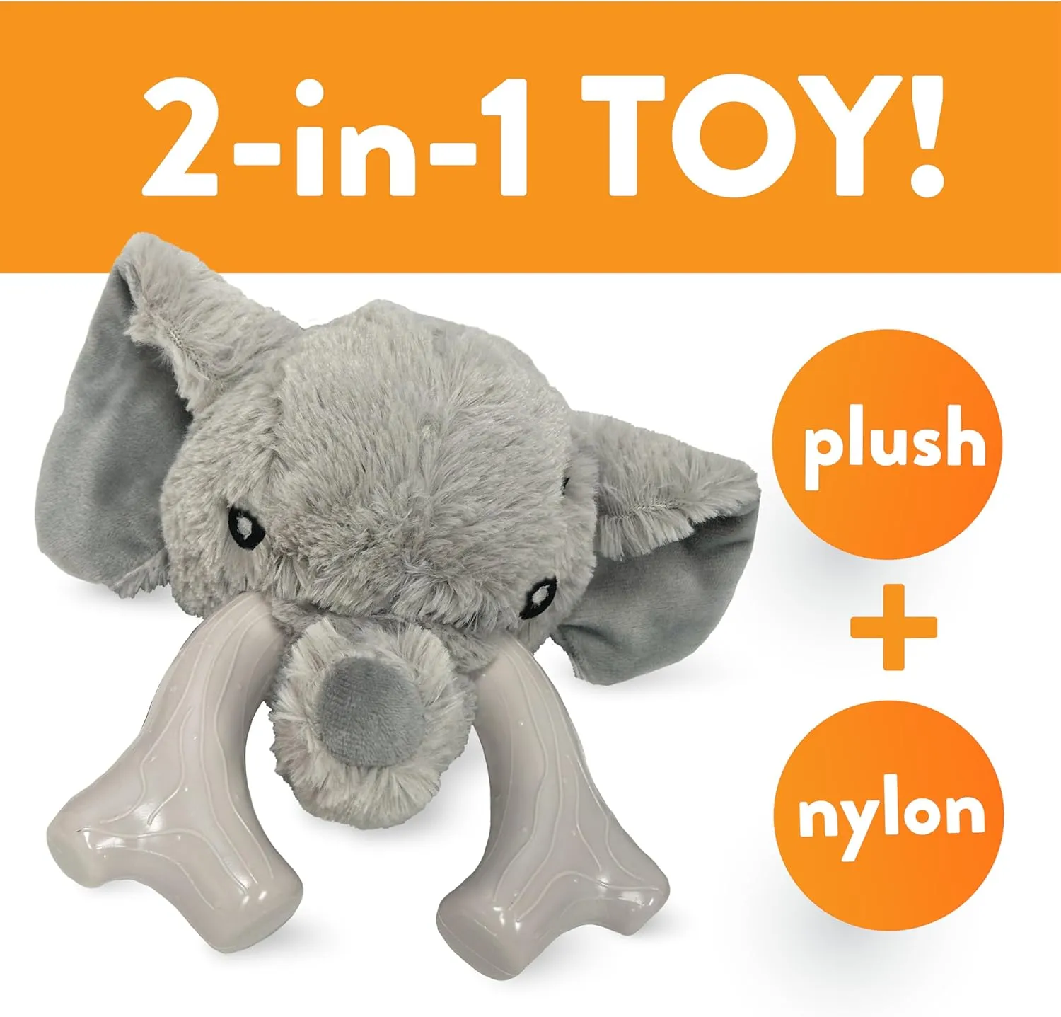 Spunky pup Knucklehead Durable Dog Toy - 2-in-1 Plush & Chew Toy for Aggressive Chewers, Chicken-Flavored Dental Chew, Durable Double-Stitched Squeaker- Elephant