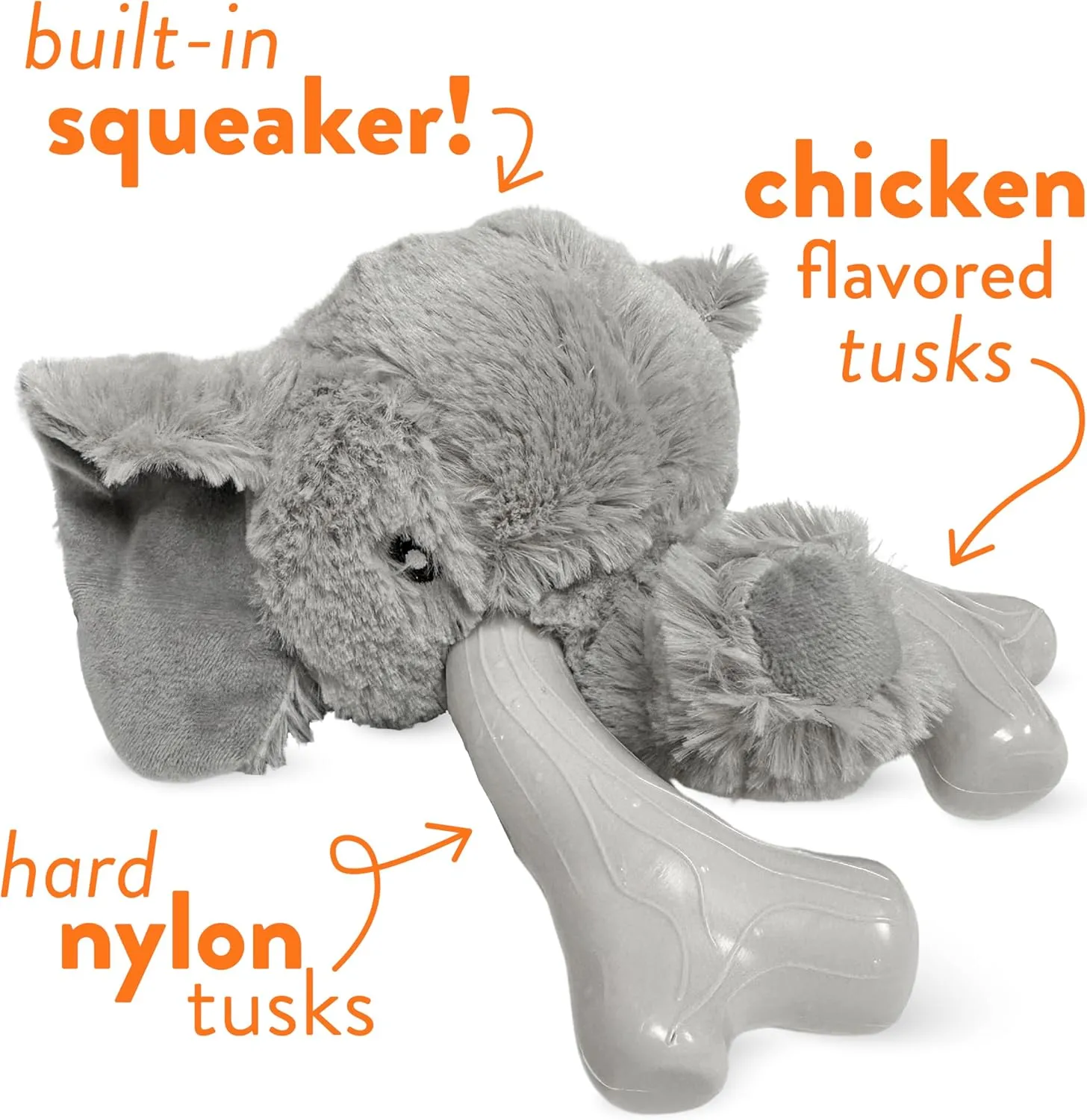 Spunky pup Knucklehead Durable Dog Toy - 2-in-1 Plush & Chew Toy for Aggressive Chewers, Chicken-Flavored Dental Chew, Durable Double-Stitched Squeaker- Elephant