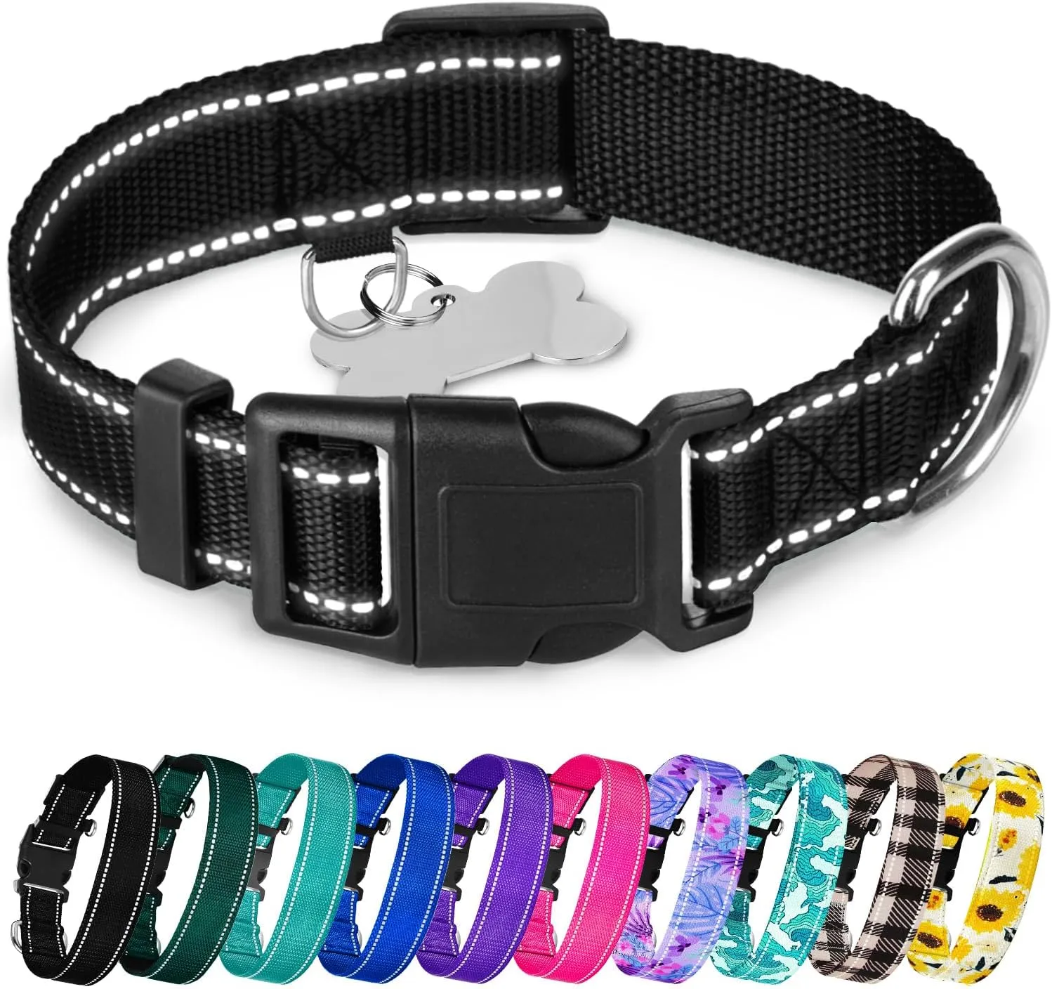 TECEUM Reflective Dog Collar  Black  M  Basic Nylon Pet Collar  Quick Release Buckle  Fits Small, Medium and Large Dogs, Puppies, Cats  ESA & Service Dog Options