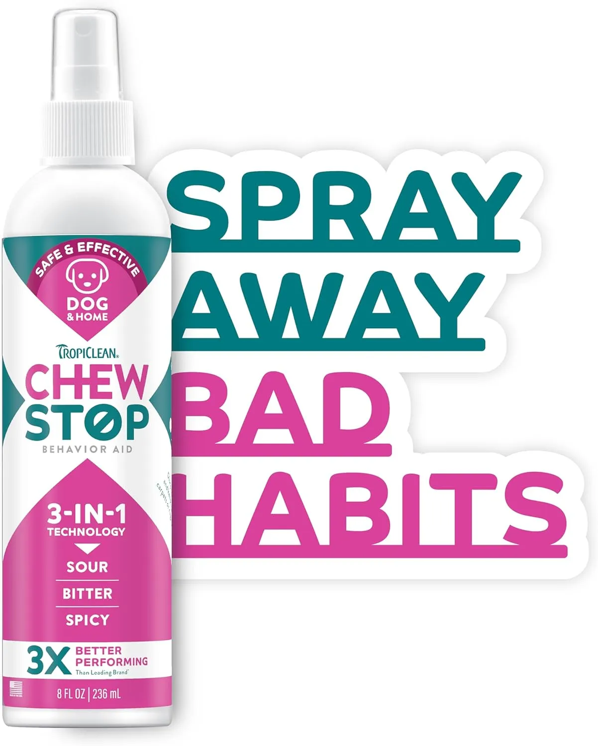 TropiClean No Chew Spray for Dogs, Better Than Bitter Apple Spray, Safe & Natural Chew   Lick Deterrent, Protect Home, Hot Spots & More! 8oz