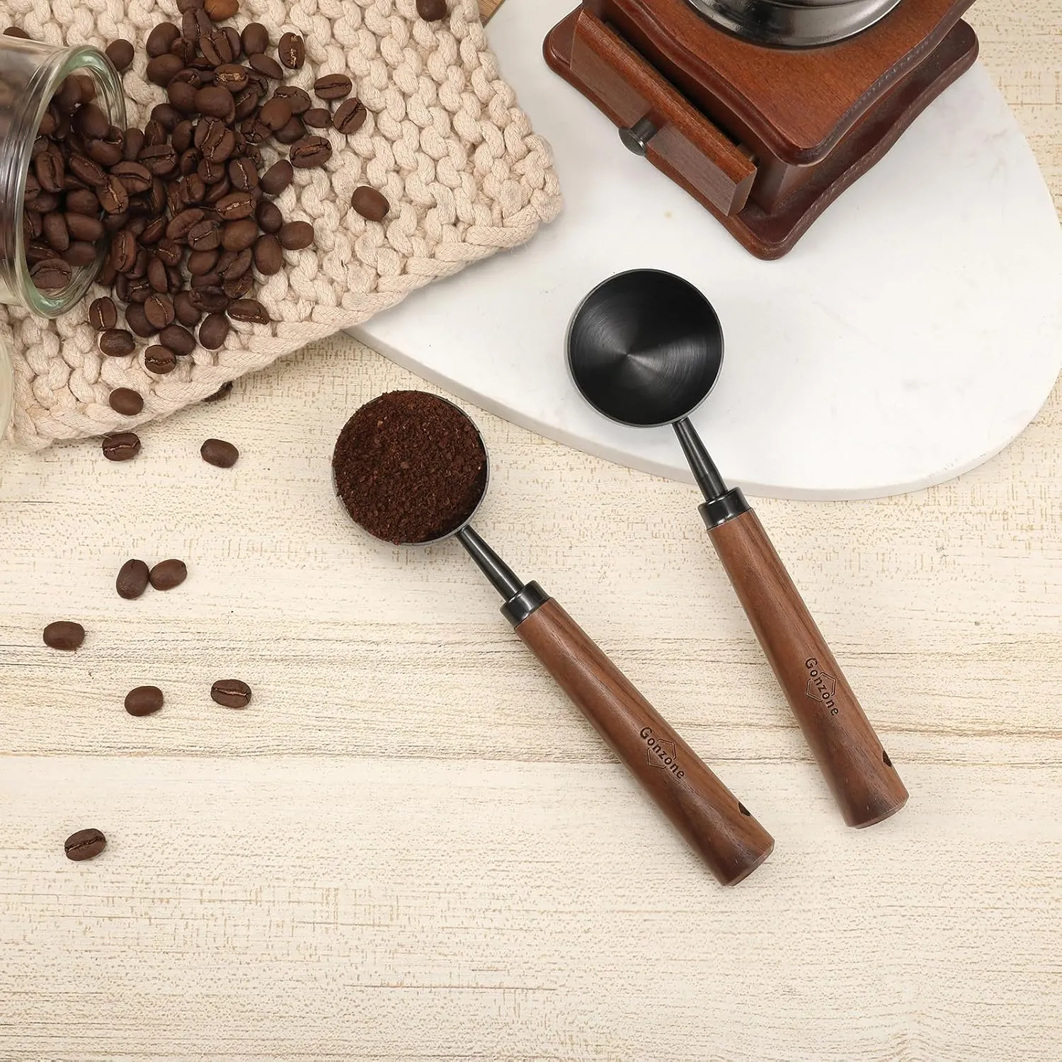 Vintage Coffee Measuring Spoon - 304 Stainless Steel, Coffee Scoop10g Capacity, Walnut Handle - Perfect for Coffee, Tea, and More (Gunmetal (2 pcs))