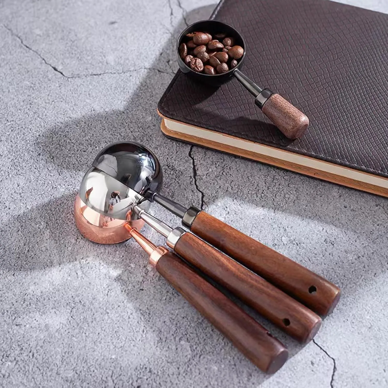 Vintage Coffee Measuring Spoon - 304 Stainless Steel, Coffee Scoop10g Capacity, Walnut Handle - Perfect for Coffee, Tea, and More (Gunmetal (2 pcs))