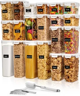 Vtopmart 20 PCS Airtight Food Storage Containers with Lids, Plastic Kitchen Pantry Canister Organizer for Cereal, Sugar, Flour, Spaghetti, Pasta Organization, BPA Free, White