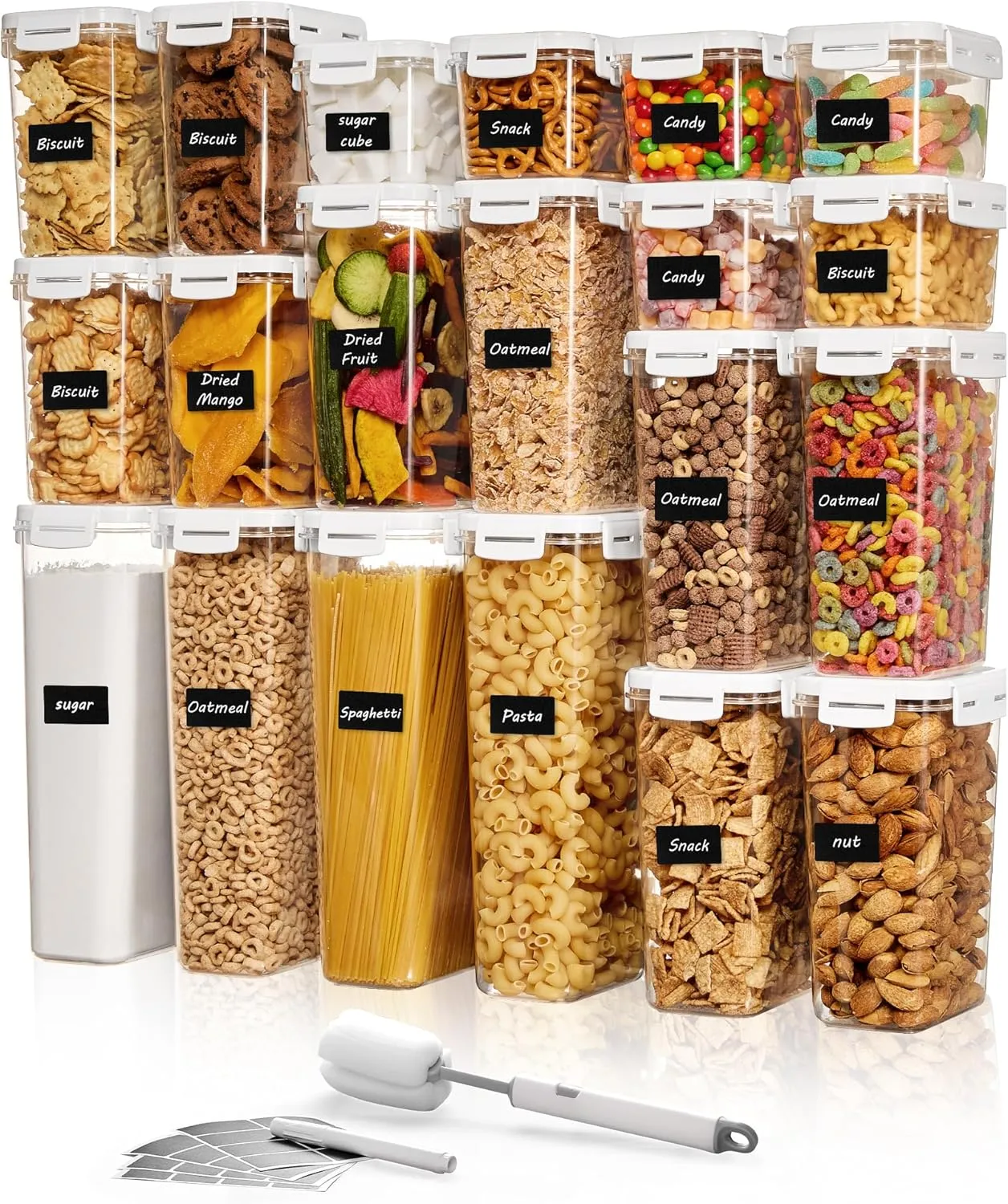 Vtopmart 20 PCS Airtight Food Storage Containers with Lids, Plastic Kitchen Pantry Canister Organizer for Cereal, Sugar, Flour, Spaghetti, Pasta Organization, BPA Free, White