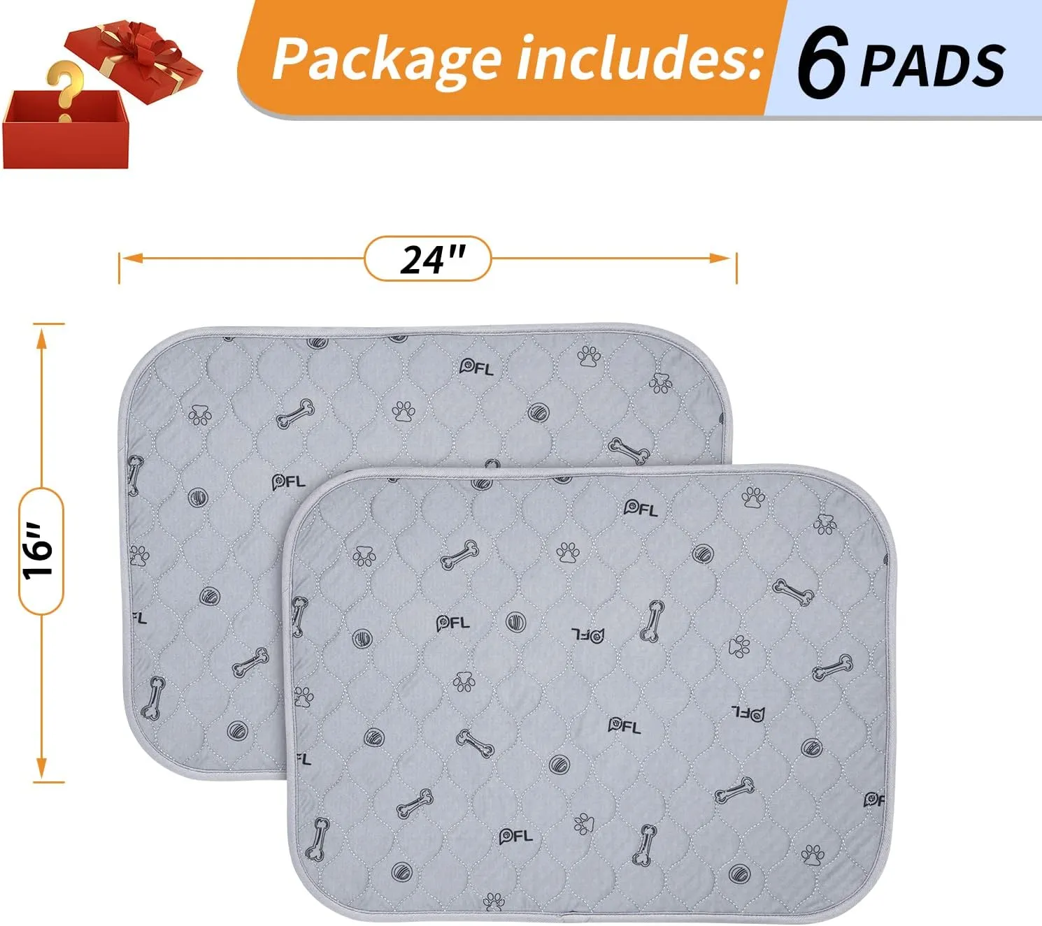 Washable Pee Pads for Dogs, 6Pack Reusable Puppy Pads, Absorbent Whelping Pads with Bone Print, Non-Slip Waterproof Pet Training Pads for Couch, Crate, Potty Training 16x24