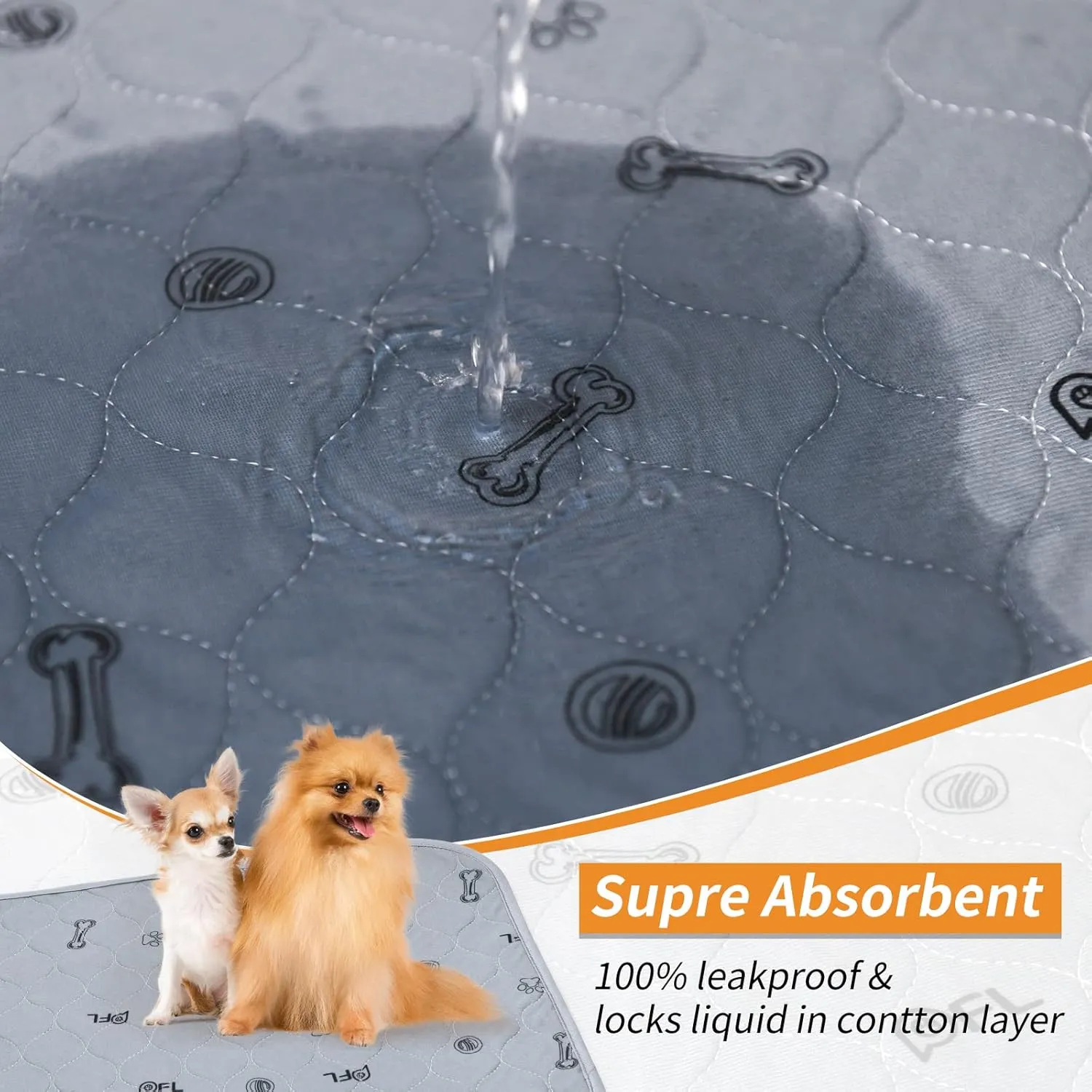 Washable Pee Pads for Dogs, 6Pack Reusable Puppy Pads, Absorbent Whelping Pads with Bone Print, Non-Slip Waterproof Pet Training Pads for Couch, Crate, Potty Training 16x24