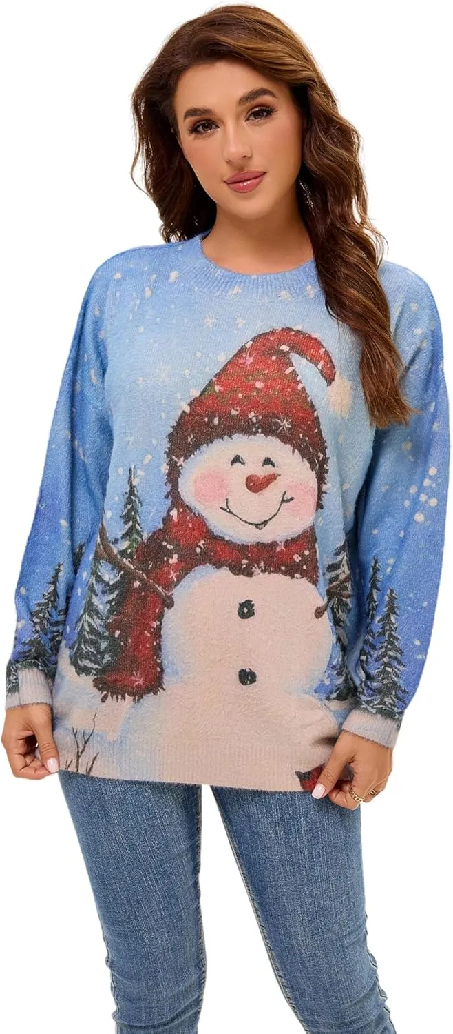 Womens Christmas Sweater Graphic Oversized Pullover Sweaters Casual Loose Long Sleeve Knit Sweater for Women
