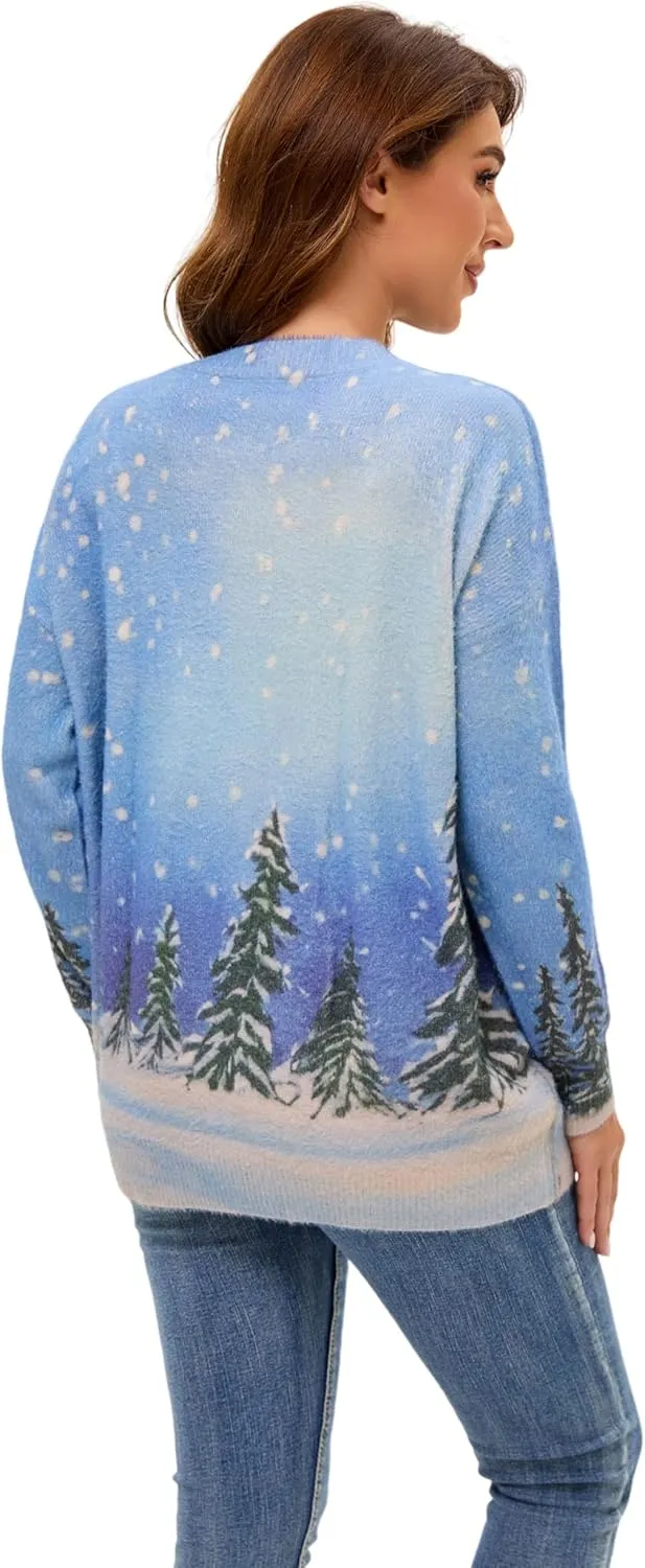 Womens Christmas Sweater Graphic Oversized Pullover Sweaters Casual Loose Long Sleeve Knit Sweater for Women