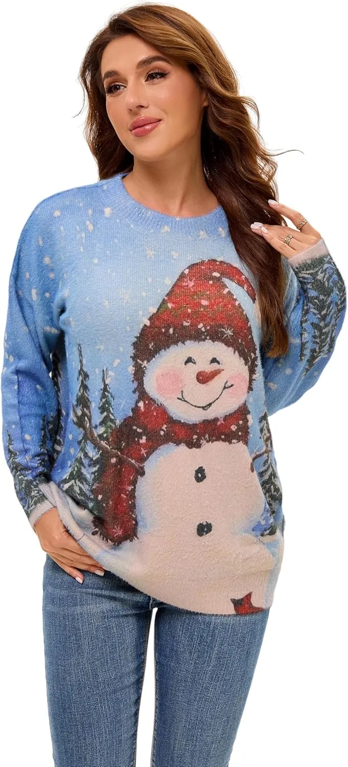Womens Christmas Sweater Graphic Oversized Pullover Sweaters Casual Loose Long Sleeve Knit Sweater for Women