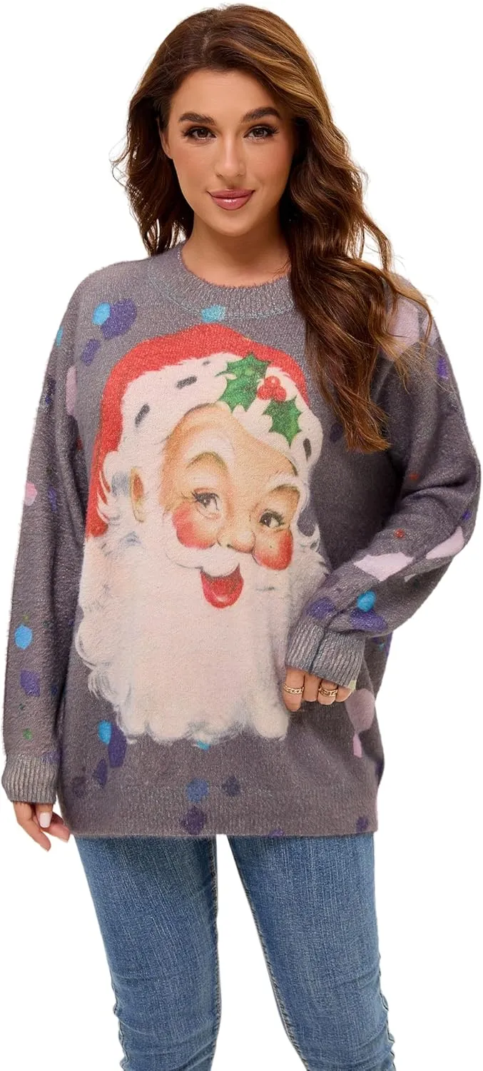 Womens Christmas Sweater Graphic Oversized Pullover Sweaters Casual Loose Long Sleeve Knit Sweater for Women