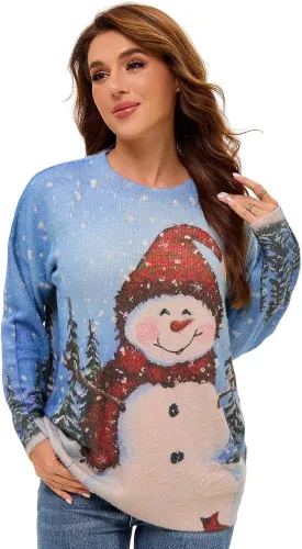 Womens Christmas Sweater Graphic Oversized Pullover Sweaters Casual Loose Long Sleeve Knit Sweater for Women