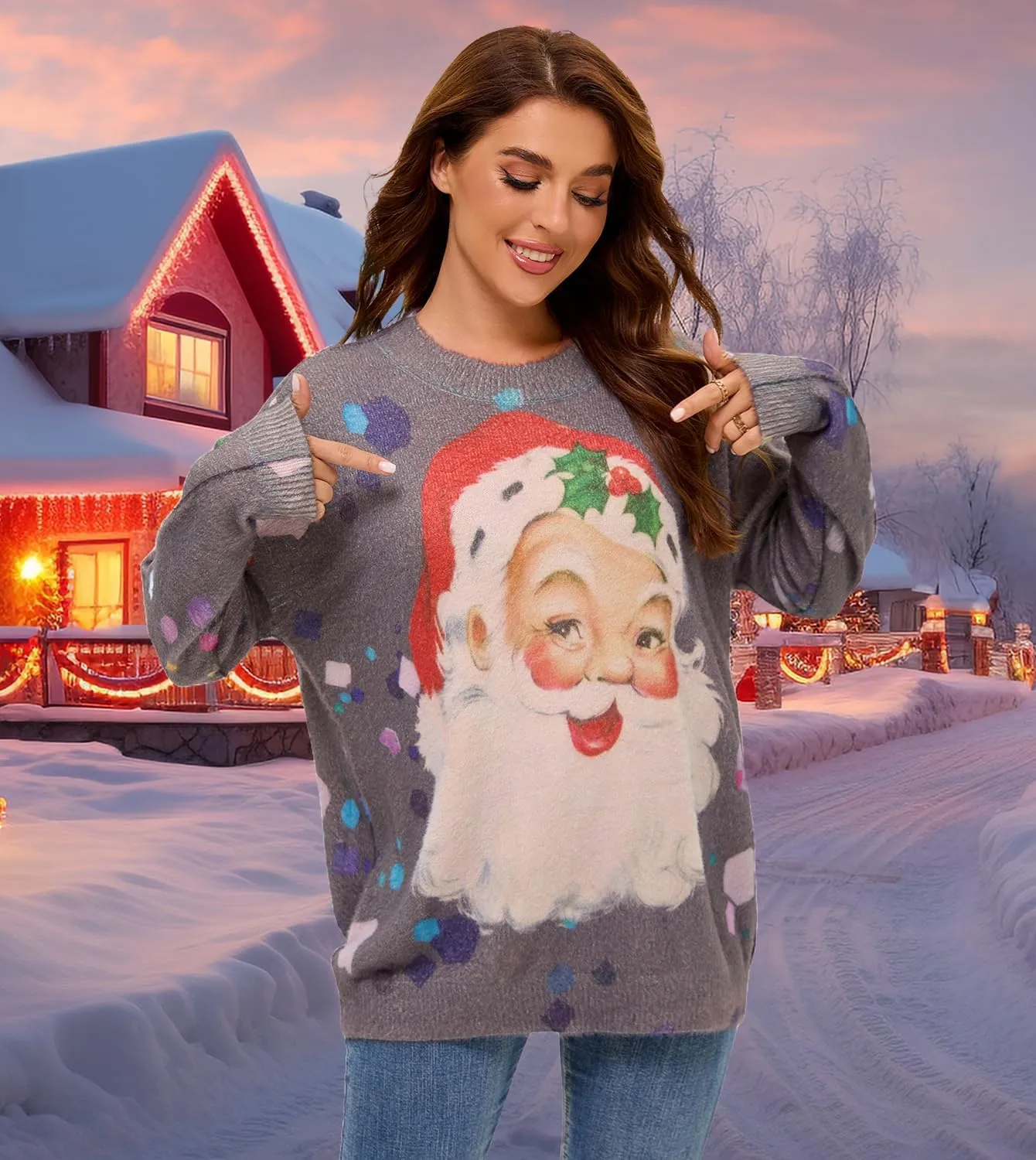 Womens Christmas Sweater Graphic Oversized Pullover Sweaters Casual Loose Long Sleeve Knit Sweater for Women