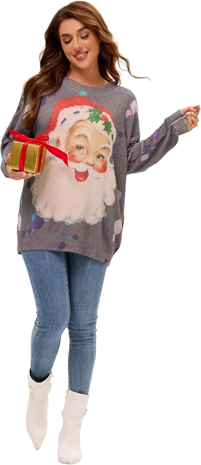 Womens Christmas Sweater Graphic Oversized Pullover Sweaters Casual Loose Long Sleeve Knit Sweater for Women