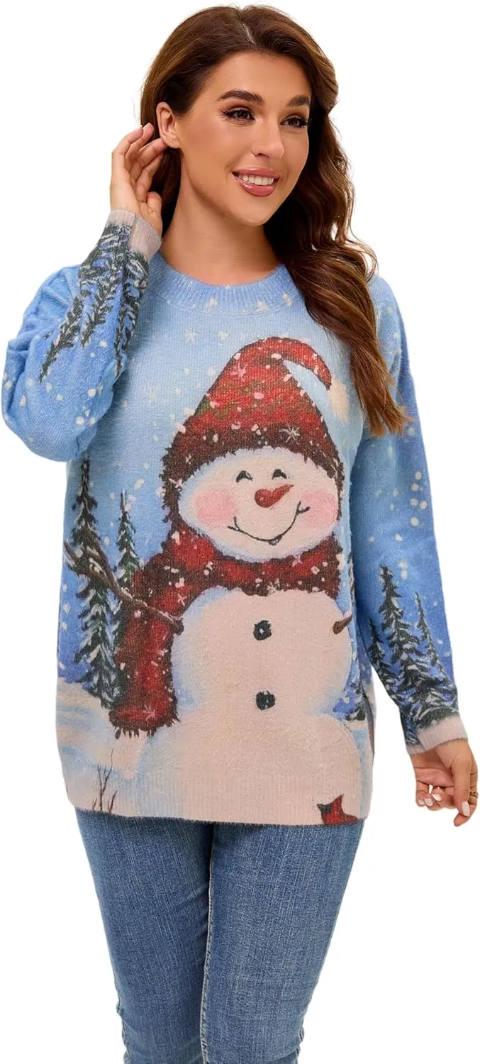 Womens Christmas Sweater Graphic Oversized Pullover Sweaters Casual Loose Long Sleeve Knit Sweater for Women