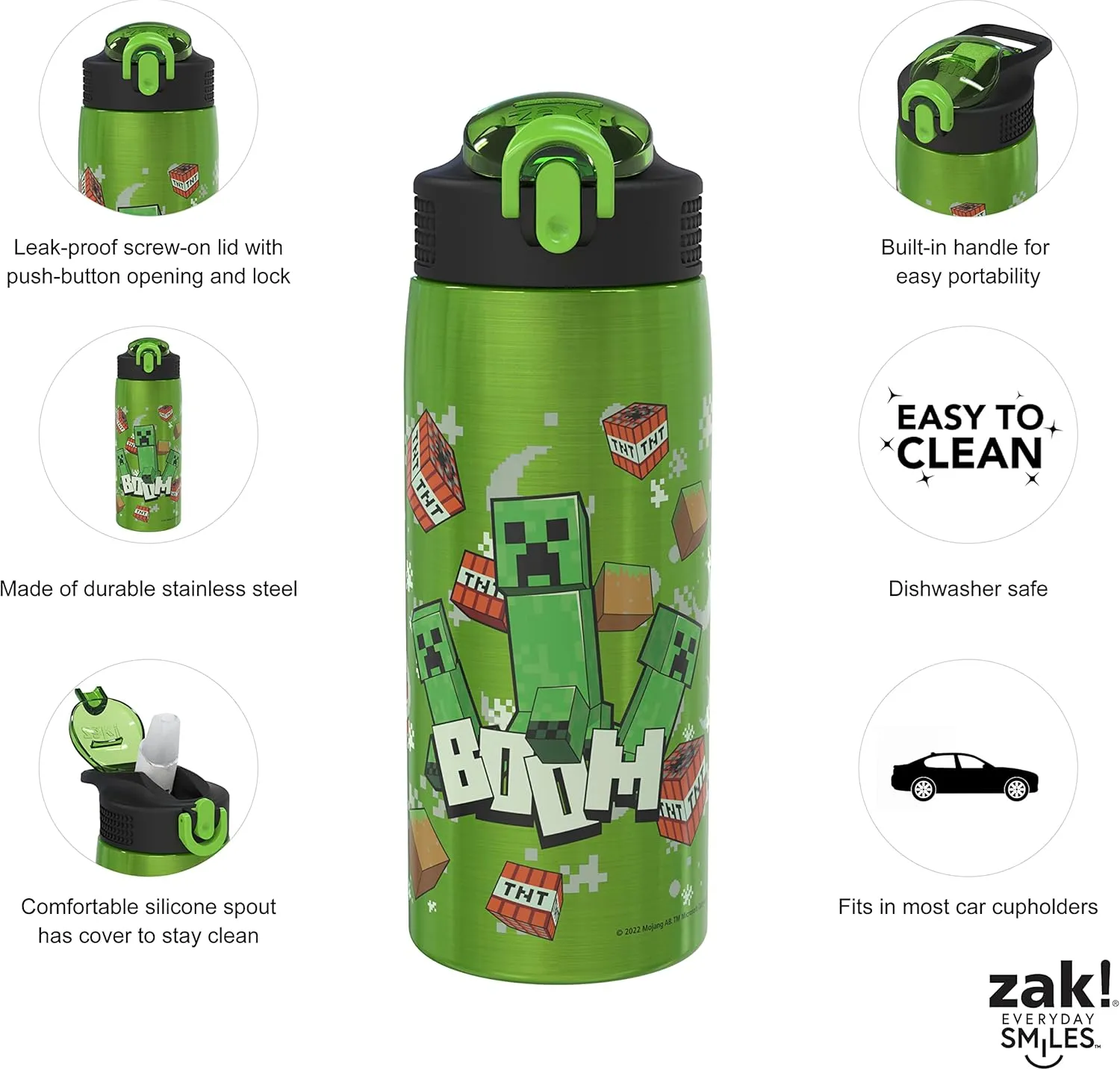 Zak Designs Minecraft Water Bottle for Travel and At Home, 19 oz Vacuum Insulated Stainless Steel with Locking Spout Cover, Built-In Carrying Loop, Leak-Proof Design (Creeper)